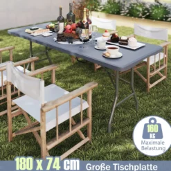 Gartentisch 180 x 74cm Campingtisch klappbar Klapptisch mit HDPE-Tischplatte & TragegriffGrau