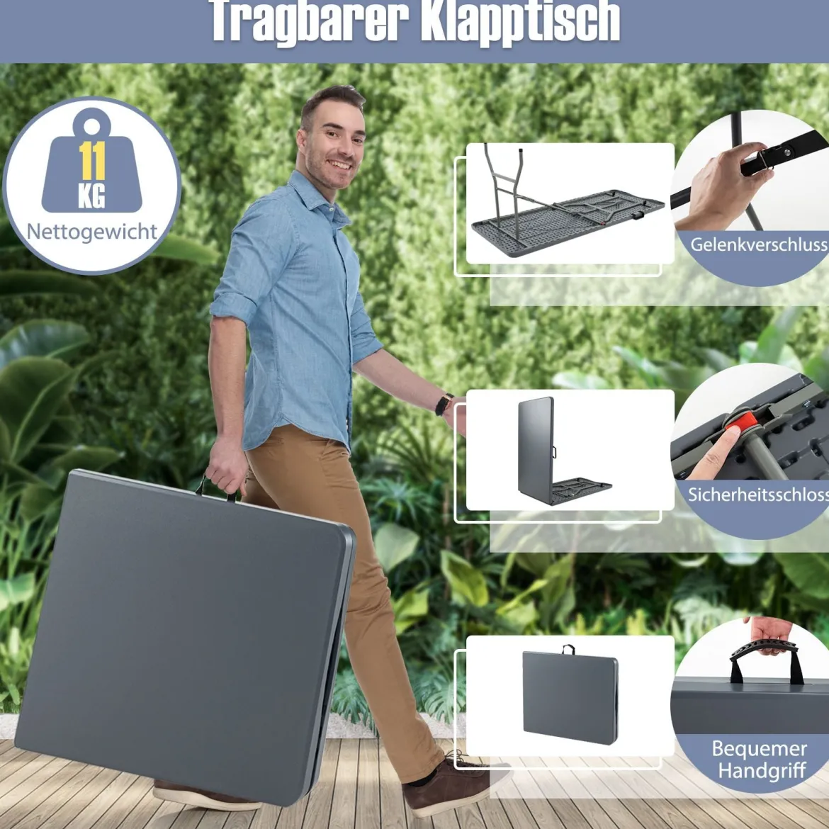 Gartentisch 180 x 74cm Campingtisch klappbar Klapptisch mit HDPE-Tischplatte & TragegriffGrau