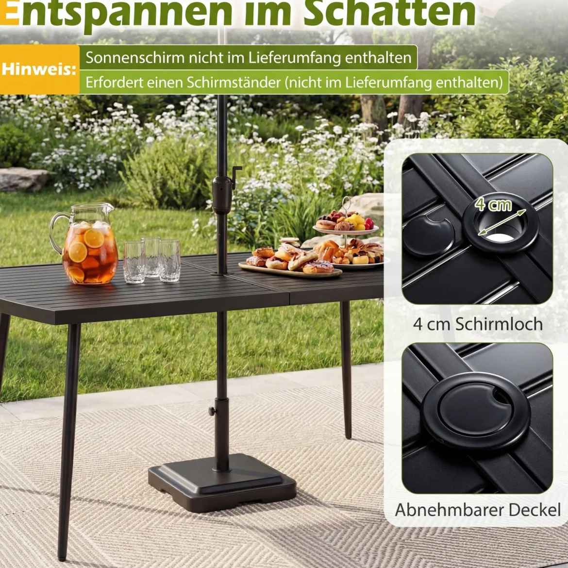 Gartentisch 160 x 90 cm Outdoor Esstisch für 6 Personen Balkontisch aus Metall mit 4 cm Schirmloch