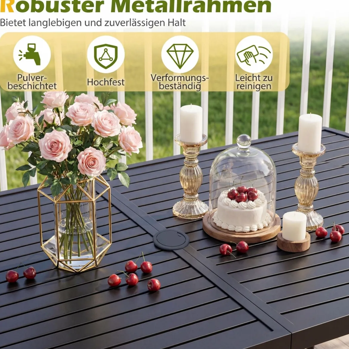 Gartentisch 160 x 90 cm Outdoor Esstisch für 6 Personen Balkontisch aus Metall mit 4 cm Schirmloch
