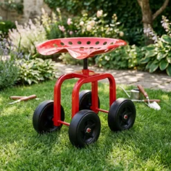Gartenwagen auf Rädern Rollender Arbeitssitz mit um 360 ° Drehbarem Sitz und Verstellbarer Höhe Rot