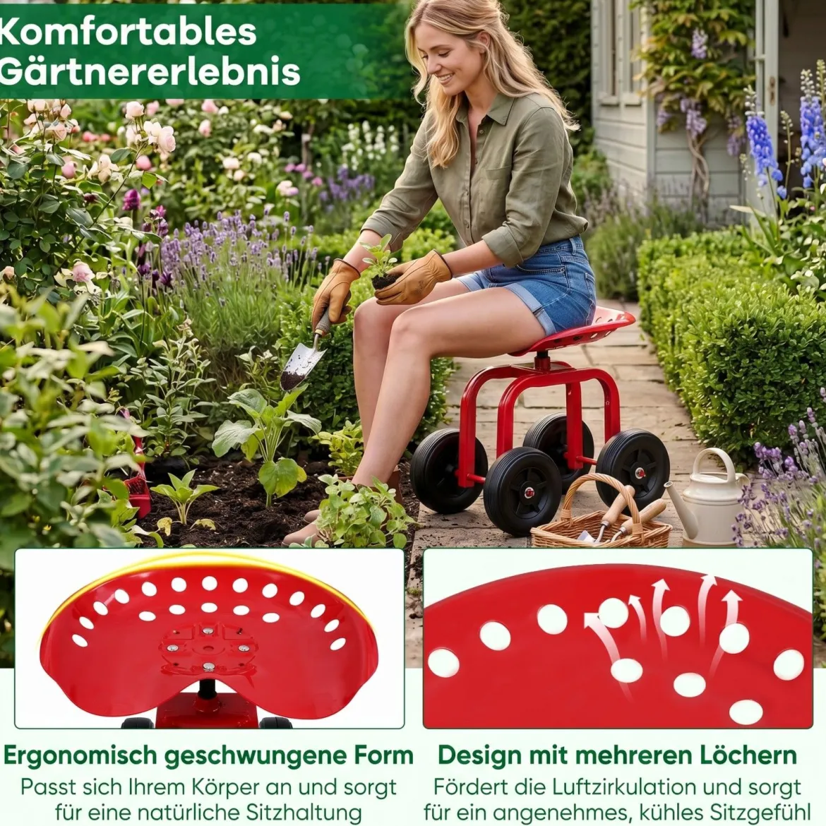 Gartenwagen auf Rädern Rollender Arbeitssitz mit um 360 ° Drehbarem Sitz und Verstellbarer Höhe Rot