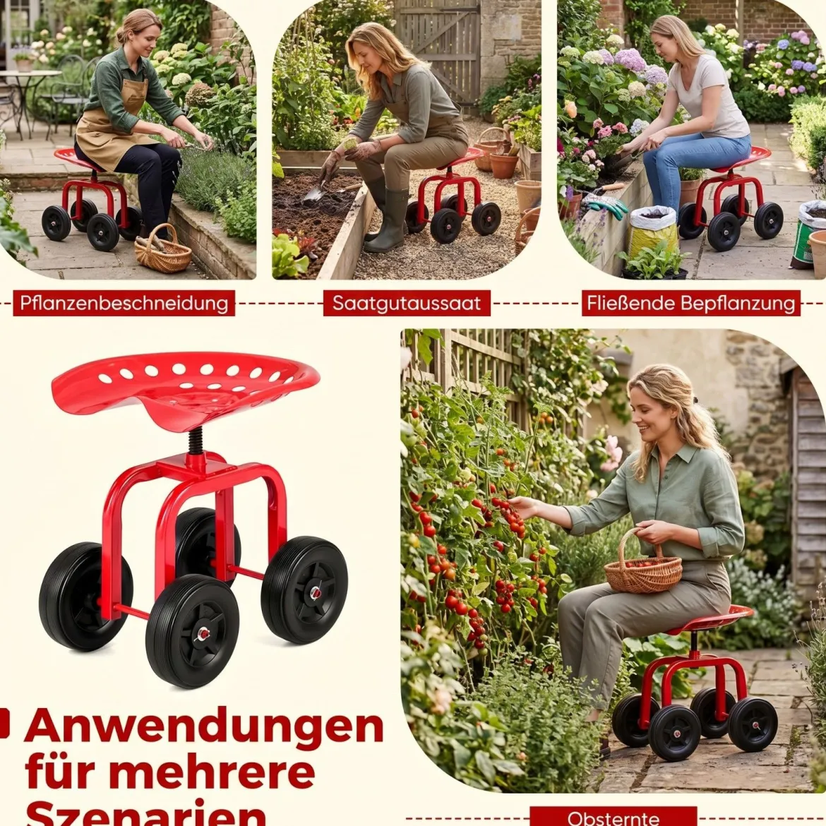 Gartenwagen auf Rädern Rollender Arbeitssitz mit um 360 ° Drehbarem Sitz und Verstellbarer Höhe Rot
