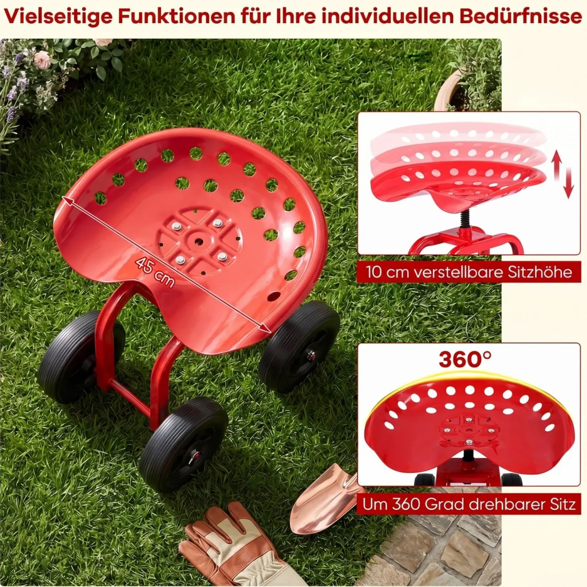 Gartenwagen auf Rädern Rollender Arbeitssitz mit um 360 ° Drehbarem Sitz und Verstellbarer Höhe Rot