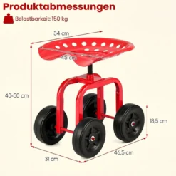 Gartenwagen auf Rädern Rollender Arbeitssitz mit um 360 ° Drehbarem Sitz und Verstellbarer Höhe Rot