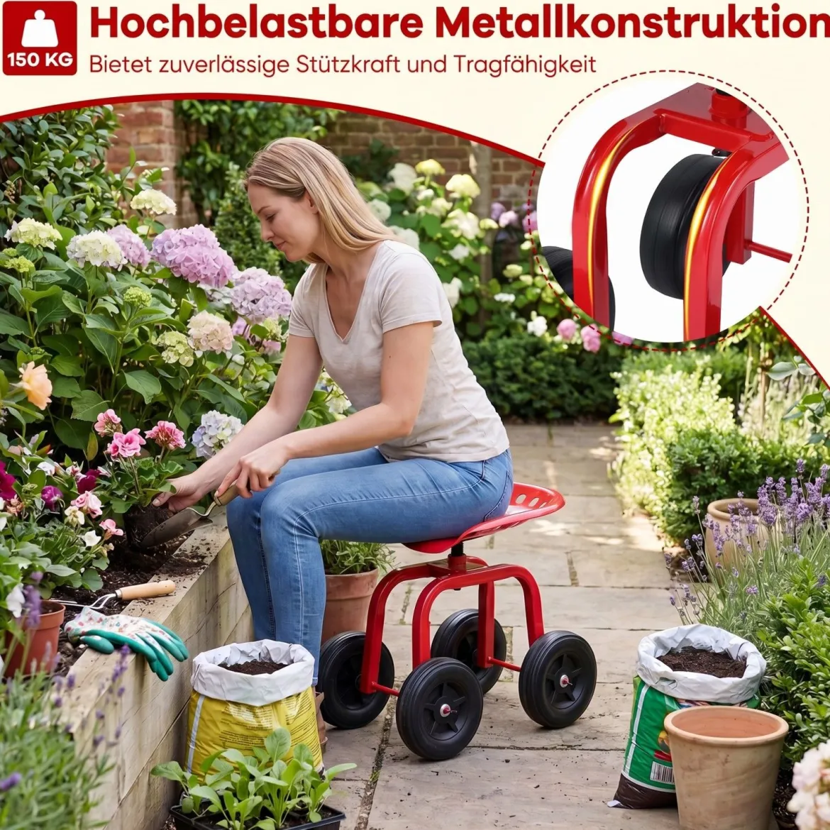 Gartenwagen auf Rädern Rollender Arbeitssitz mit um 360 ° Drehbarem Sitz und Verstellbarer Höhe Rot
