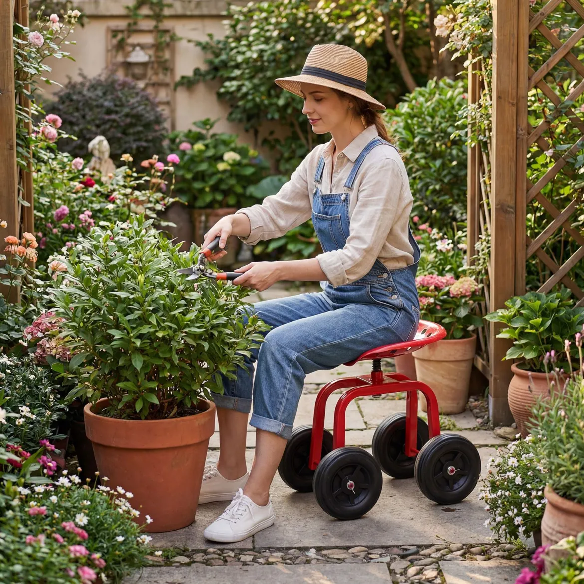 Gartenwagen auf Rädern Rollender Arbeitssitz mit um 360 ° Drehbarem Sitz und Verstellbarer Höhe Rot