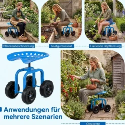 Gartenwagen auf Rädern Rollender Arbeitssitz mit um 360 ° Drehbarem Sitz und Verstellbarer Höhe Blau