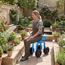 Gartenwagen auf Rädern Rollender Arbeitssitz mit um 360 ° Drehbarem Sitz und Verstellbarer Höhe Blau