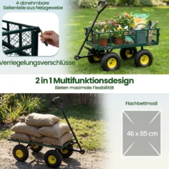Gartenwagen klappbarer Schwerlast Metall Kippwagen mit 408 kg Tragkraft 2 in 1 Nutzwagen Grün