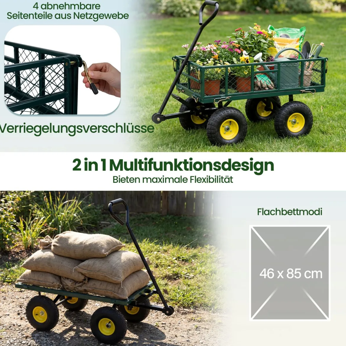 Gartenwagen klappbarer Schwerlast Metall Kippwagen mit 408 kg Tragkraft 2 in 1 Nutzwagen Grün
