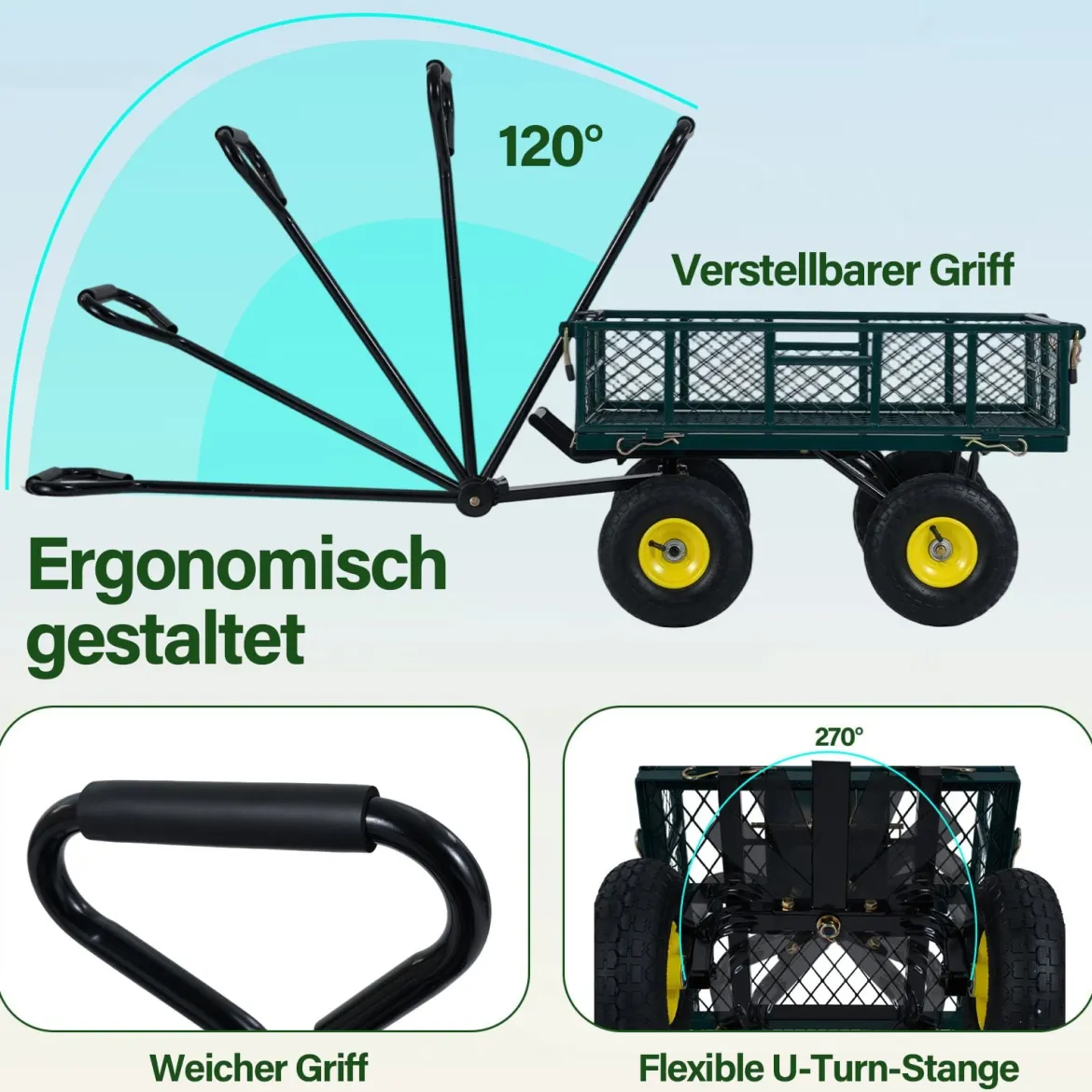 Gartenwagen klappbarer Schwerlast Metall Kippwagen mit 408 kg Tragkraft 2 in 1 Nutzwagen Grün
