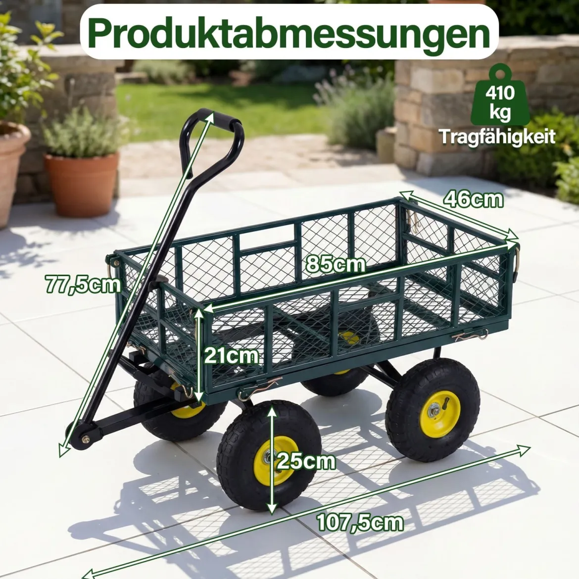Gartenwagen klappbarer Schwerlast Metall Kippwagen mit 408 kg Tragkraft 2 in 1 Nutzwagen Grün
