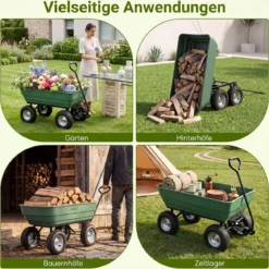 Gartenwagen mit Kippfunktion bis 410 kg Handwagen mit 125 L Volumen Verstellbarer Griff Grün