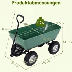 Gartenwagen mit Kippfunktion bis 410 kg Handwagen mit 125 L Volumen Verstellbarer Griff Grün