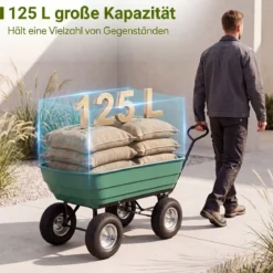 Gartenwagen mit Kippfunktion bis 410 kg Handwagen mit 125 L Volumen Verstellbarer Griff Grün