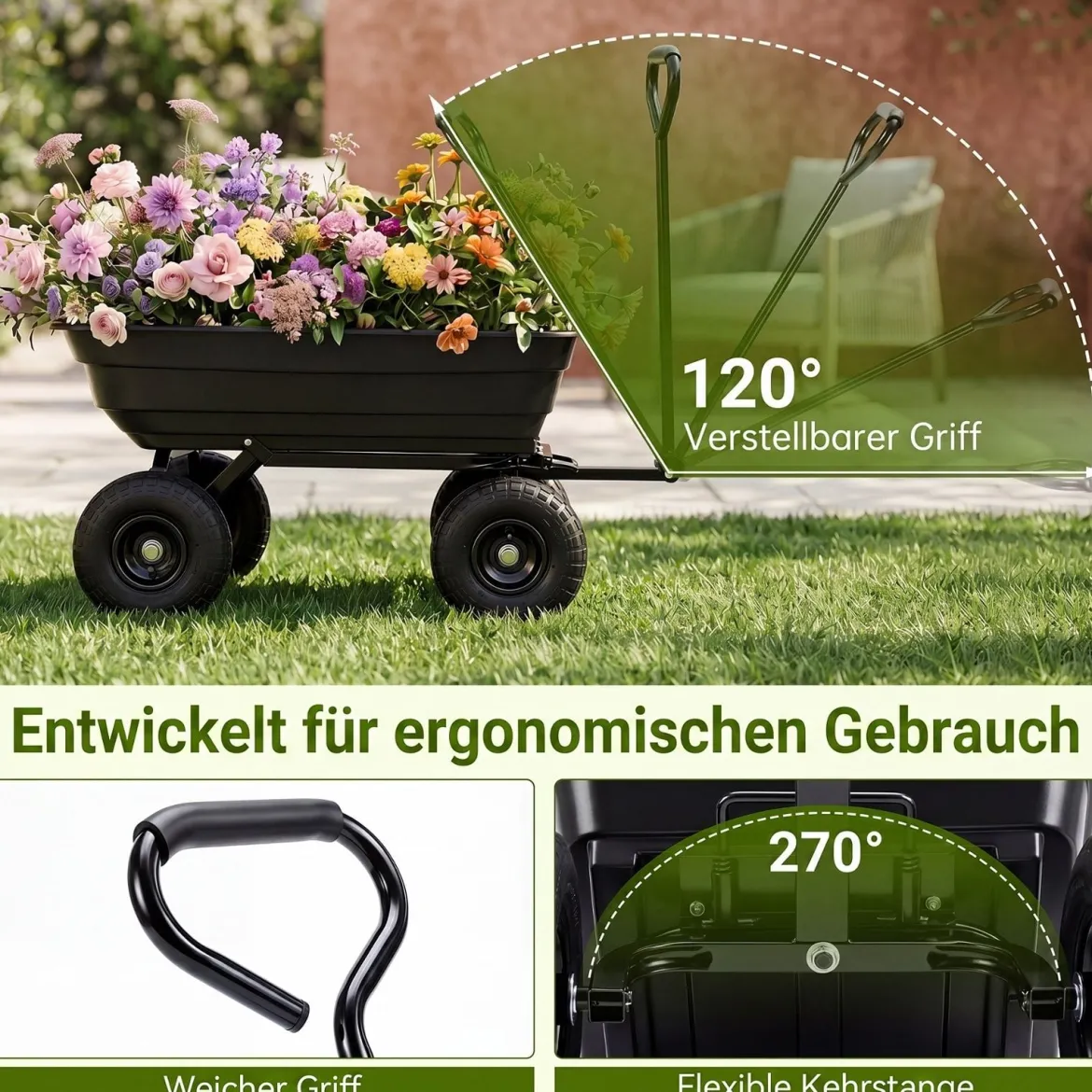 Gartenwagen mit Kippfunktion Transportwagen mit 75L Kunststoffwanne & Verstellbarer Schiebegriff