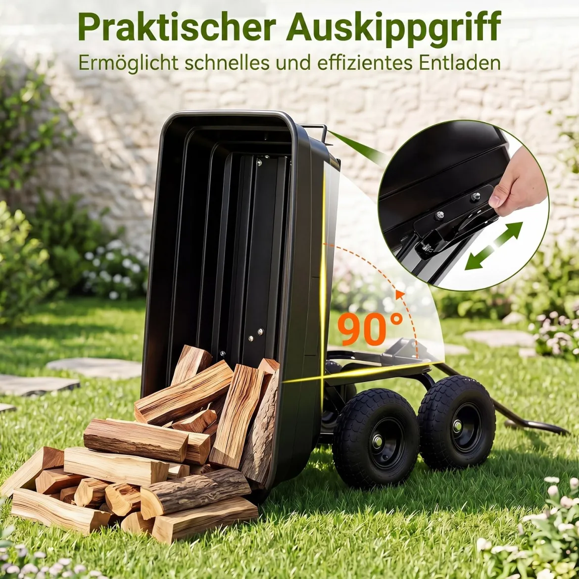 Gartenwagen mit Kippfunktion Transportwagen mit 75L Kunststoffwanne & Verstellbarer Schiebegriff