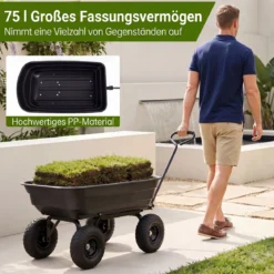 Gartenwagen mit Kippfunktion Transportwagen mit 75L Kunststoffwanne & Verstellbarer Schiebegriff