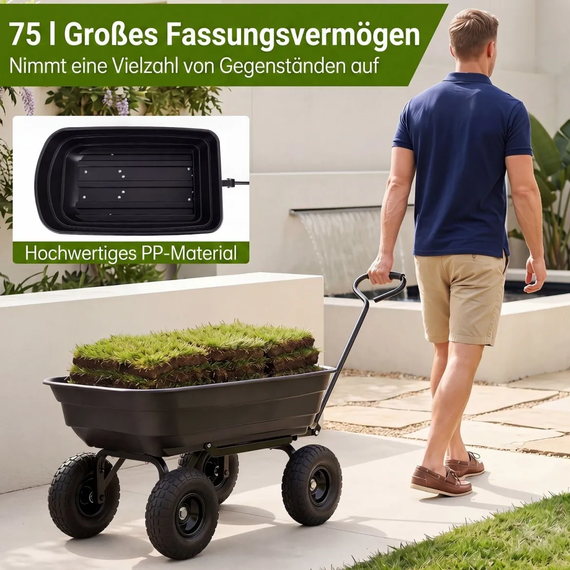 Gartenwagen mit Kippfunktion Transportwagen mit 75L Kunststoffwanne & Verstellbarer Schiebegriff