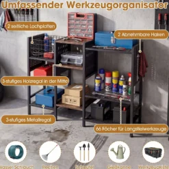 Gartenwerkzeugregal aus Metall Werkzeugregal mit 66 Werkzeugschlitzen 5 Ablagen Metallkorb & 2 Haken