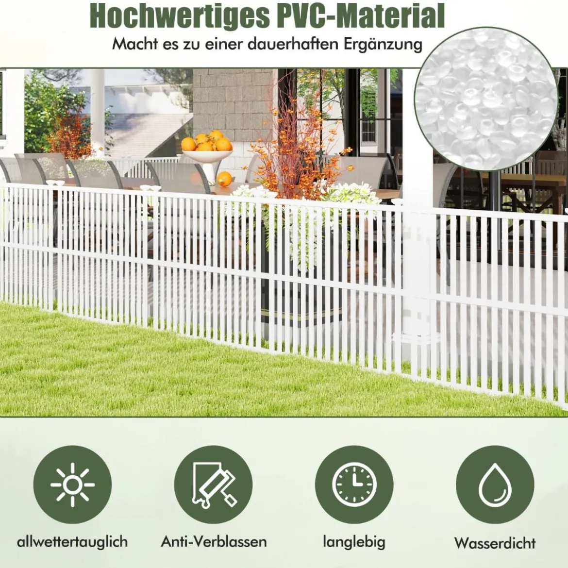 Gartenzaun 2-teilig 114 cm hoch Zaun mit Pfosten & Schutzkappen Sichtschutzzaun Weiß