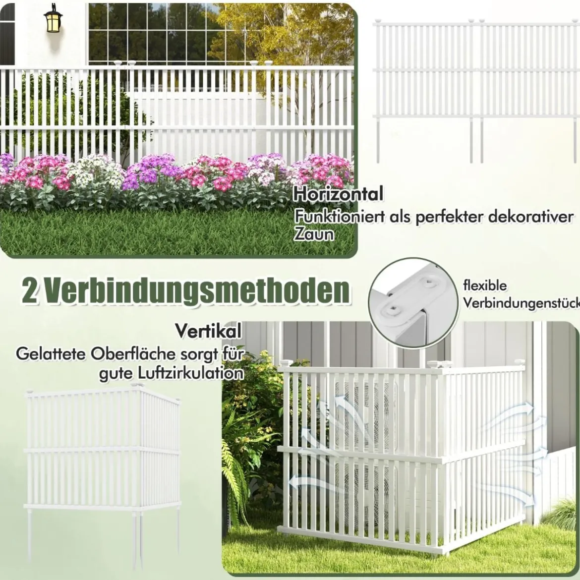 Gartenzaun 2-teilig 114 cm hoch Zaun mit Pfosten & Schutzkappen Sichtschutzzaun Weiß