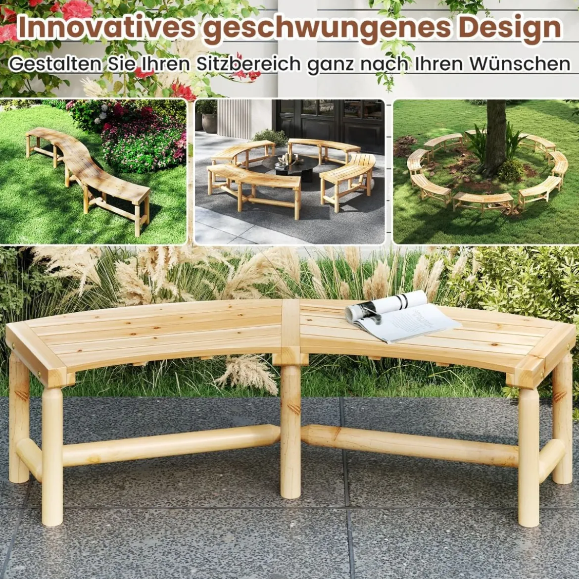 Gebogener Gartenbank Massivholz-Feuerstellenbank für 2-3 Personen Sitzbank im Freien Natur