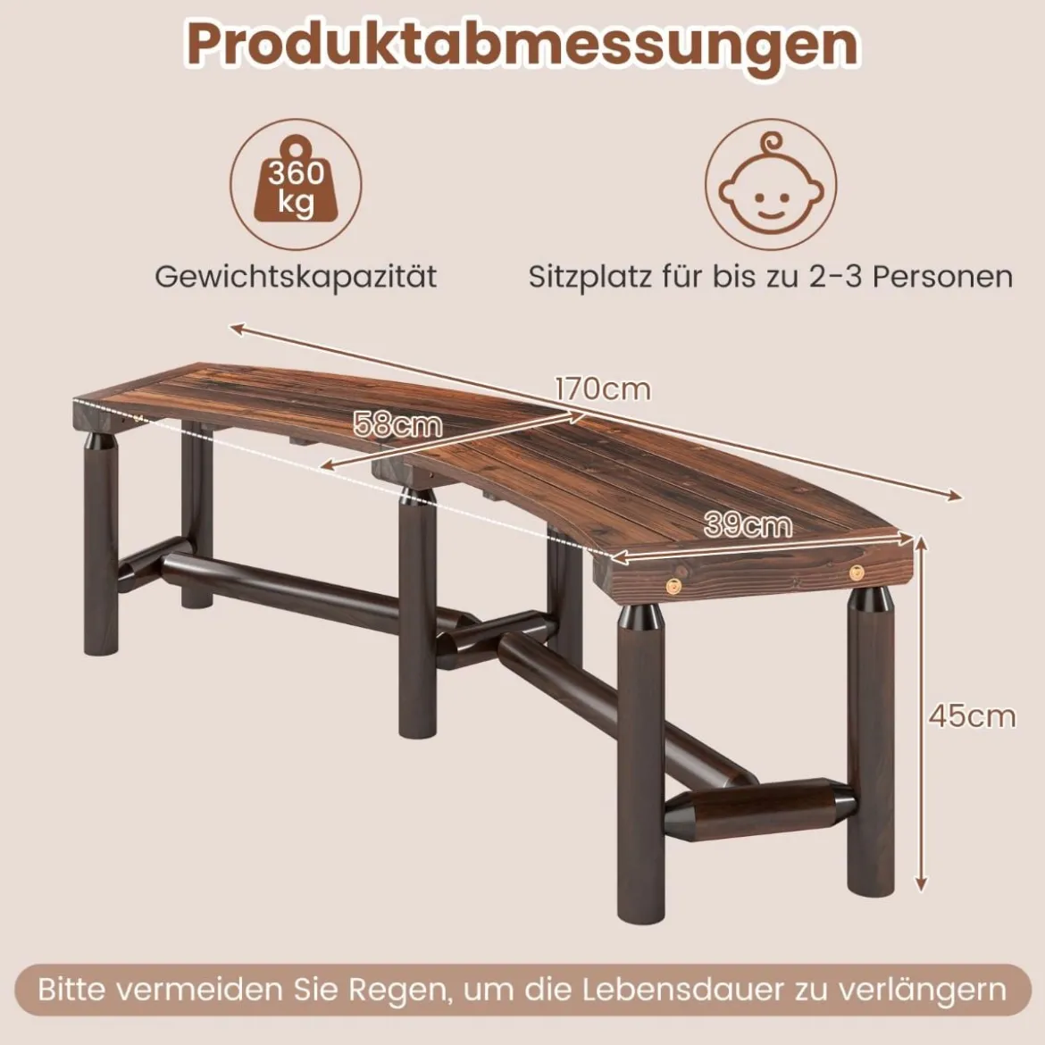 Gebogener Gartenbank Massivholz-Feuerstellenbank für 2-3 Personen Sitzbank im Freien Braun