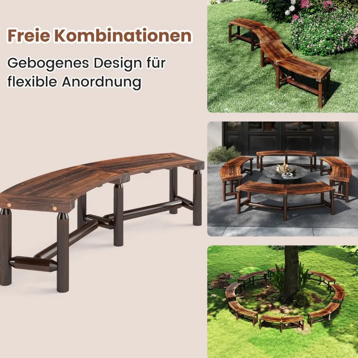 Gebogener Gartenbank Massivholz-Feuerstellenbank für 2-3 Personen Sitzbank im Freien Braun