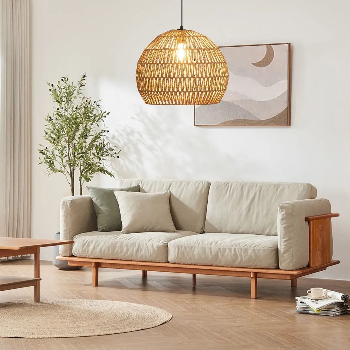 Geflochtene Pendelleuchte Boho Deckenleuchte mit Verstellbarer Aufhänghöhe Hängelampe Kaffee