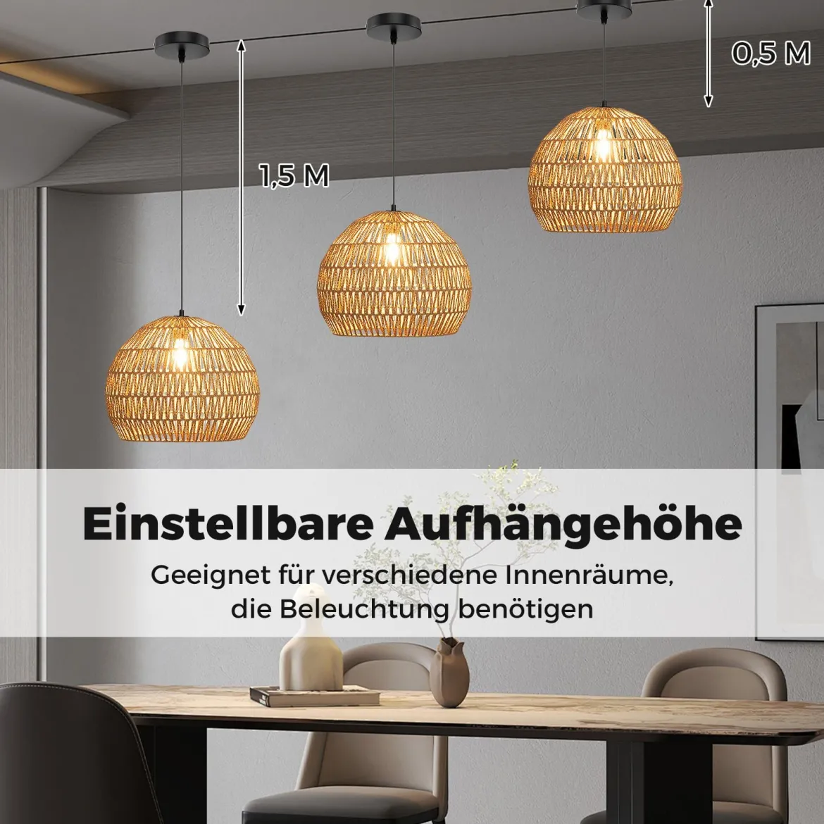 Geflochtene Pendelleuchte Boho Deckenleuchte mit Verstellbarer Aufhänghöhe Hängelampe Kaffee