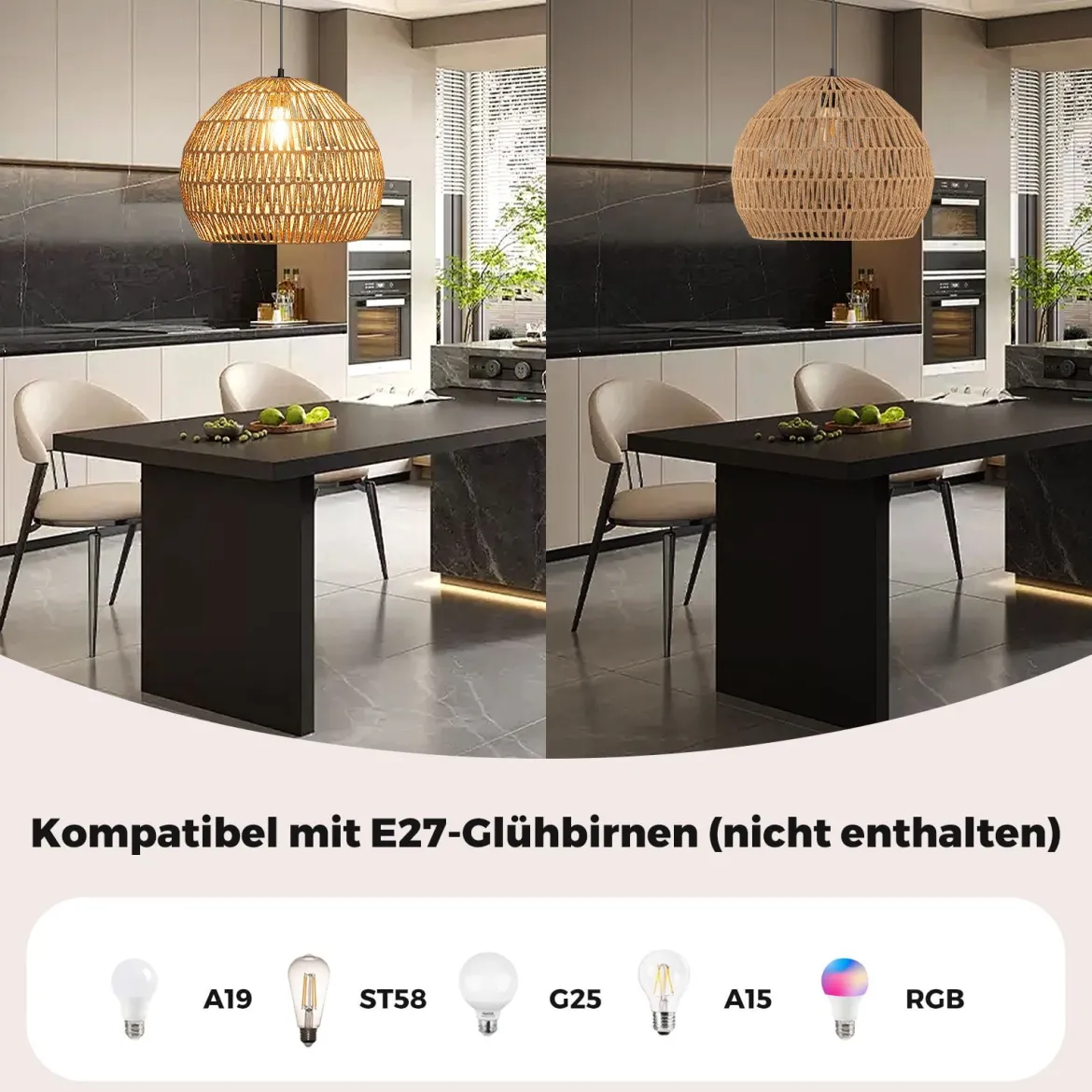 Geflochtene Pendelleuchte Boho Deckenleuchte mit Verstellbarer Aufhänghöhe Hängelampe Kaffee