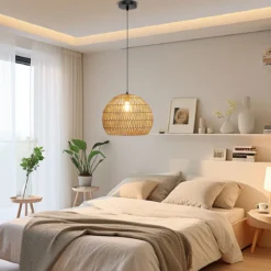 Geflochtene Pendelleuchte Boho Deckenleuchte mit Verstellbarer Aufhänghöhe Hängelampe Kaffee