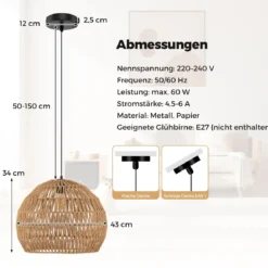 Geflochtene Pendelleuchte Boho Deckenleuchte mit Verstellbarer Aufhänghöhe Hängelampe Kaffee