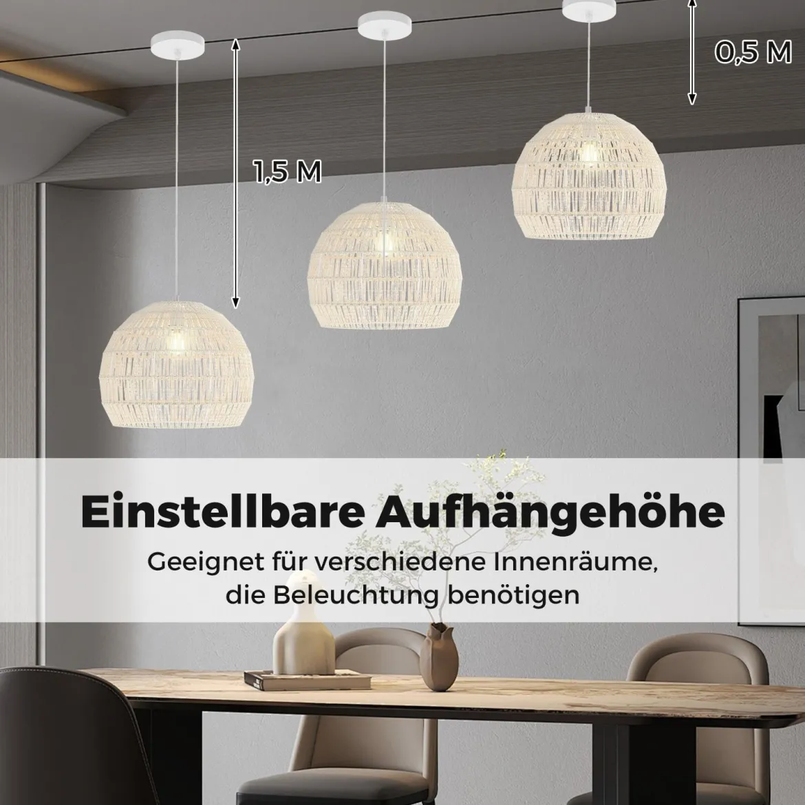 Geflochtene Pendelleuchte Boho Deckenleuchte mit Verstellbarer Aufhänghöhe Hängelampe Beige