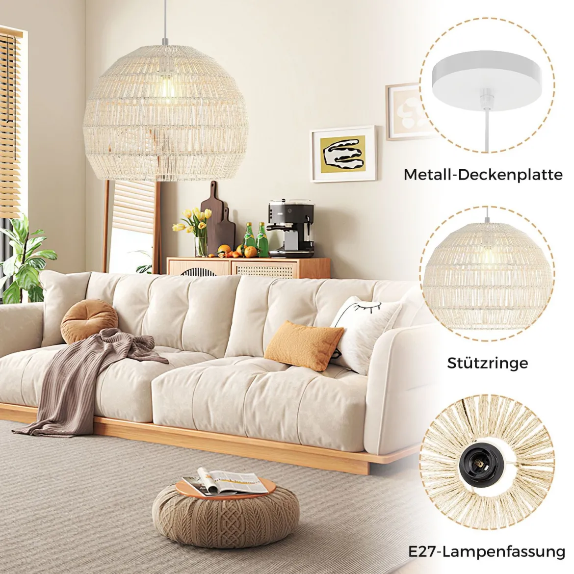 Geflochtene Pendelleuchte Boho Deckenleuchte mit Verstellbarer Aufhänghöhe Hängelampe Beige