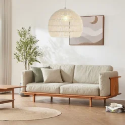 Geflochtene Pendelleuchte Boho Deckenleuchte mit Verstellbarer Aufhänghöhe Hängelampe Beige
