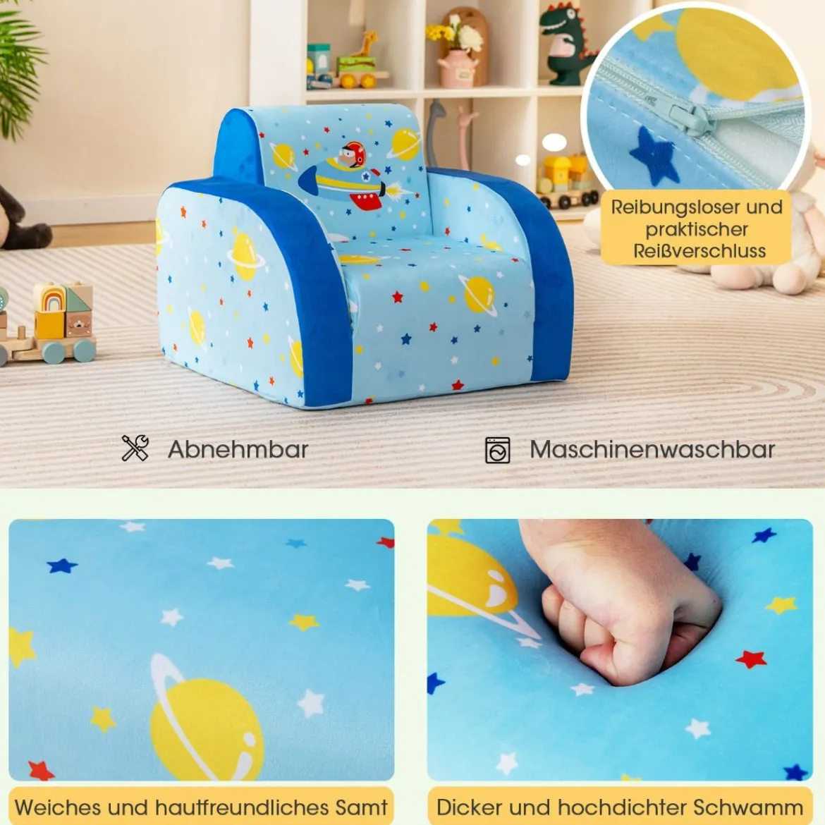 Gemütlicher 3-in-1 umbaubarer Kindersessel Kinder Klappsofa 92 x 47 x 29 cm Blau