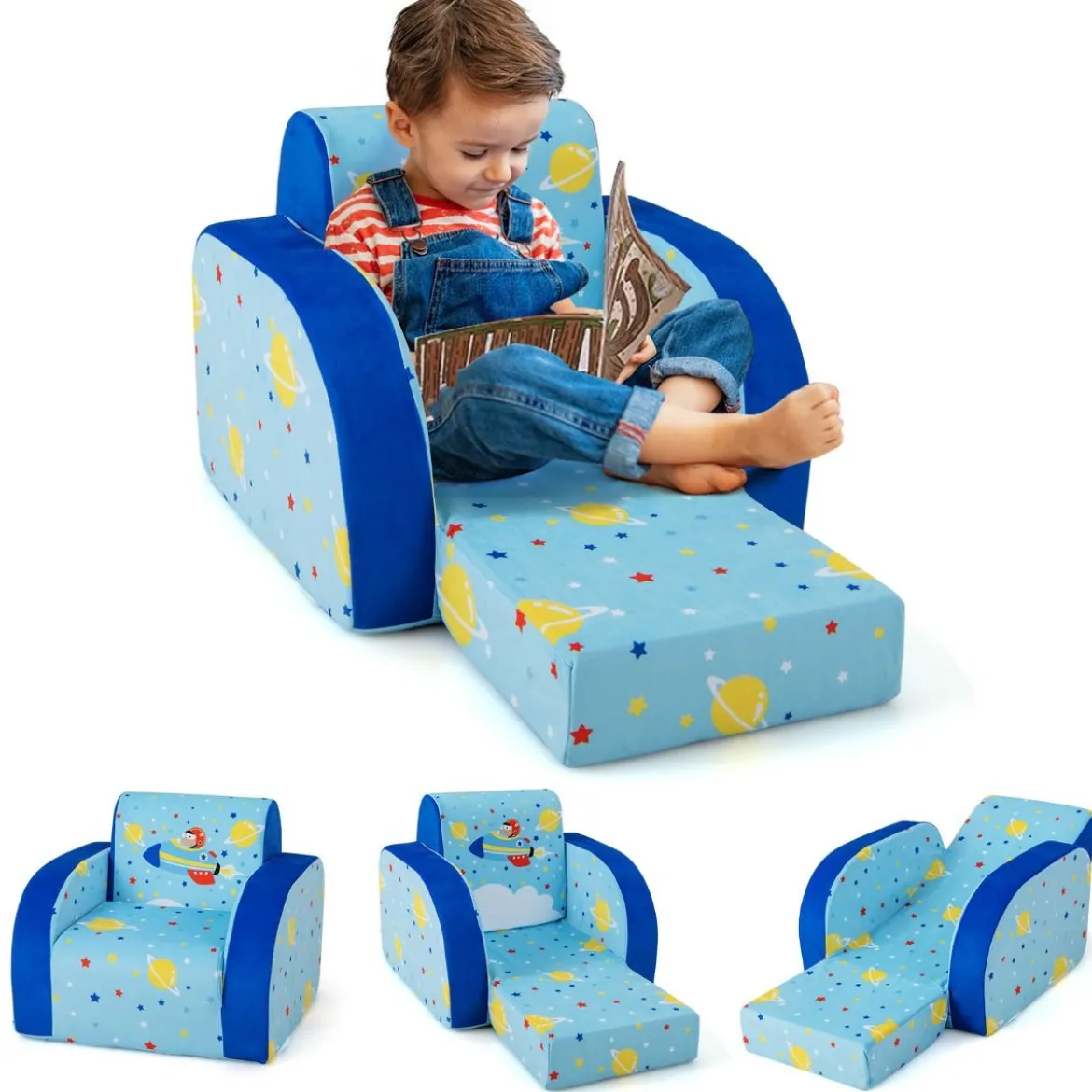 Gemütlicher 3-in-1 umbaubarer Kindersessel Kinder Klappsofa 92 x 47 x 29 cm Blau