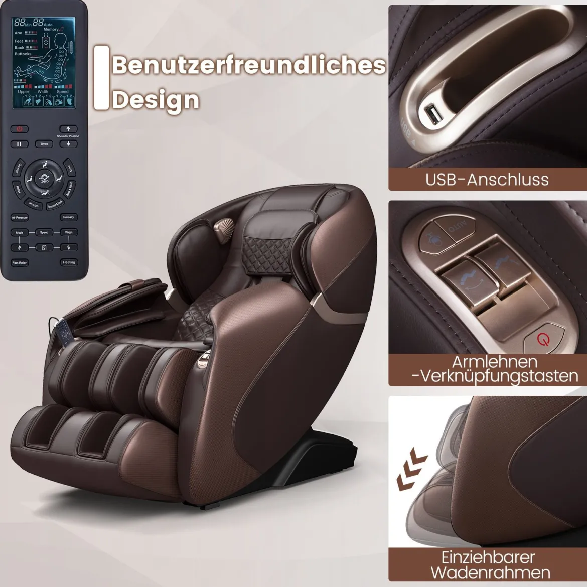 Generisch Relaxe Massagesessel Ganzkörper Massagestuhl elektrisch mit Heizung und Luftkompression Braun