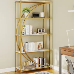 Geometrisches Bücherregal mit Offenen Holzregale & Metallrahmen Büroregal Standregal Gold & Weiß