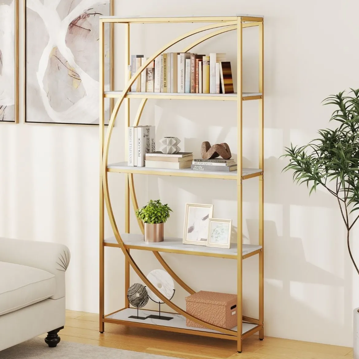 Geometrisches Bücherregal mit Offenen Holzregale & Metallrahmen Büroregal Standregal Gold & Weiß