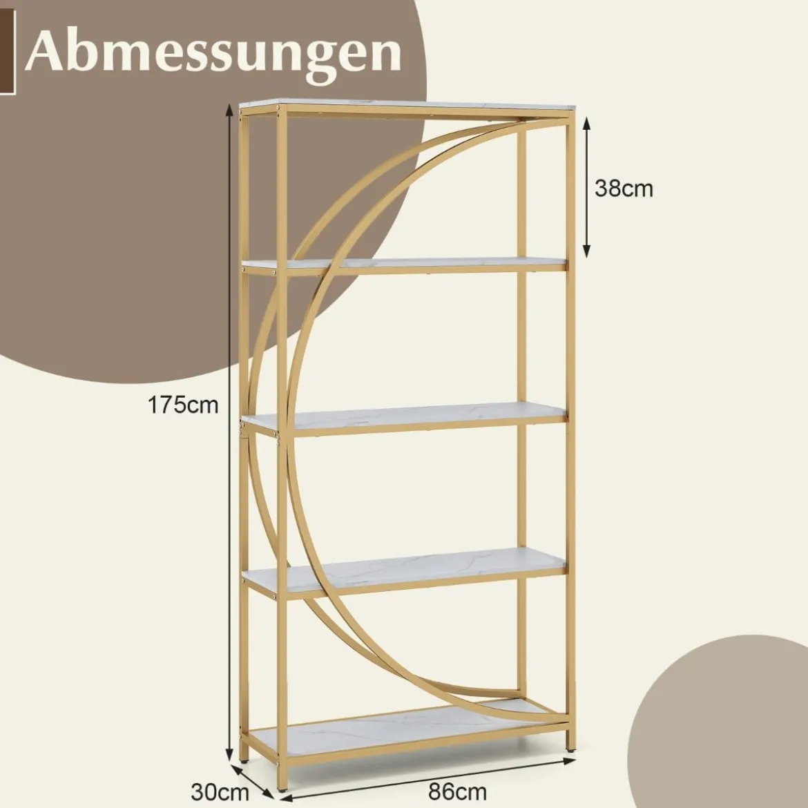 Geometrisches Bücherregal mit Offenen Holzregale & Metallrahmen Büroregal Standregal Gold & Weiß