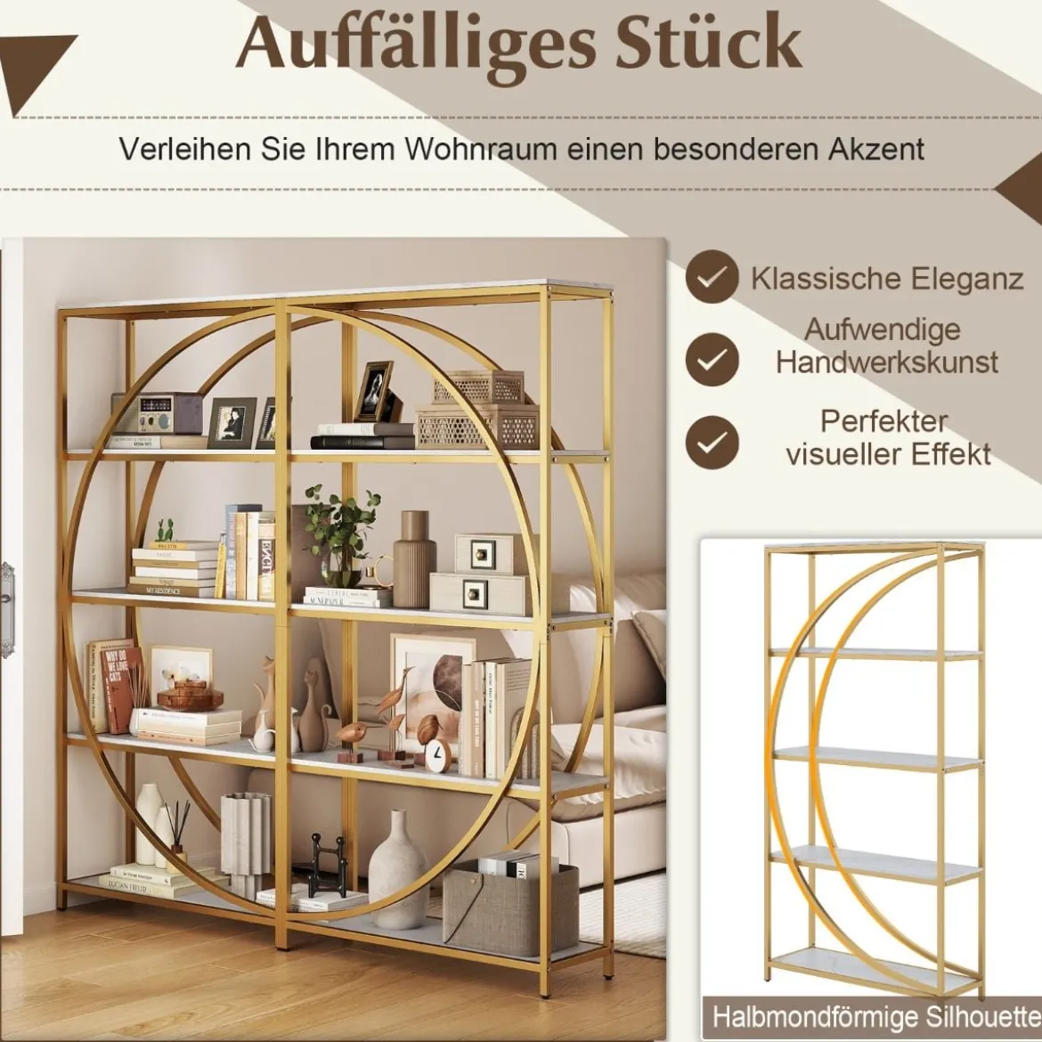 Geometrisches Bücherregal mit Offenen Holzregale & Metallrahmen Büroregal Standregal Gold & Weiß
