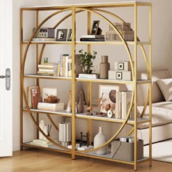 Geometrisches Bücherregal mit Offenen Holzregale & Metallrahmen Büroregal Standregal Gold & Weiß