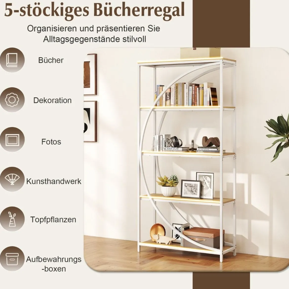 Geometrisches Bücherregal mit Offenen Holzregale & Metallrahmen Büroregal Standregal Weiß & Natur