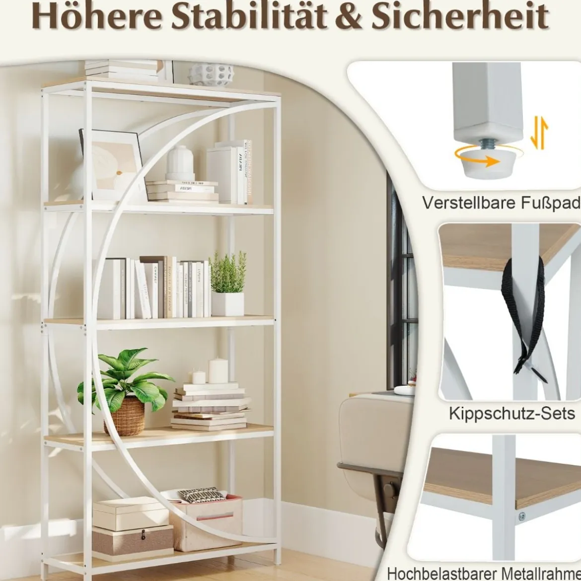 Geometrisches Bücherregal mit Offenen Holzregale & Metallrahmen Büroregal Standregal Weiß & Natur