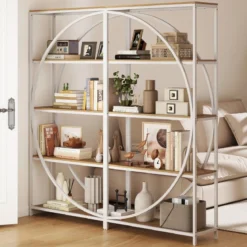 Geometrisches Bücherregal mit Offenen Holzregale & Metallrahmen Büroregal Standregal Weiß & Natur