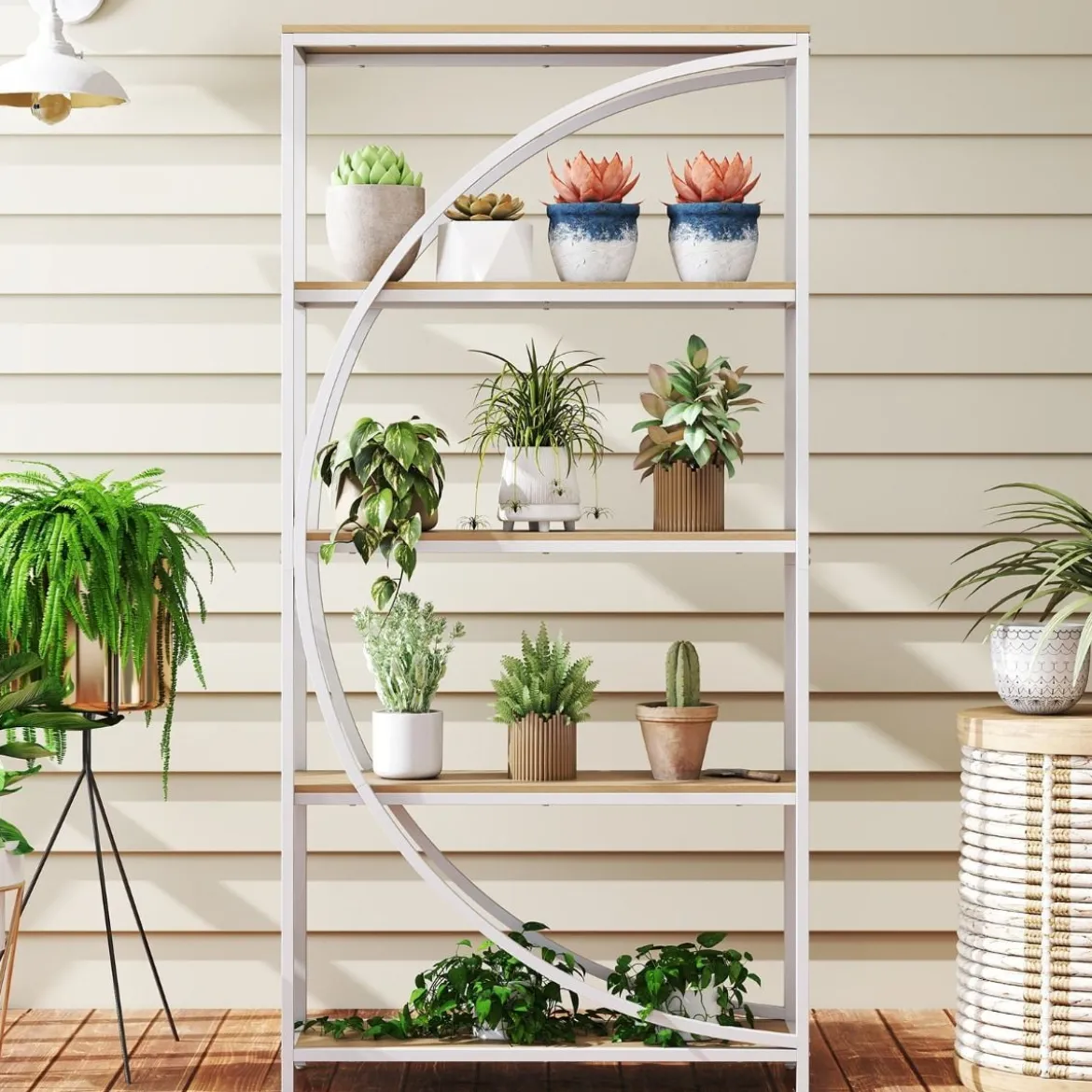 Geometrisches Bücherregal mit Offenen Holzregale & Metallrahmen Büroregal Standregal Weiß & Natur